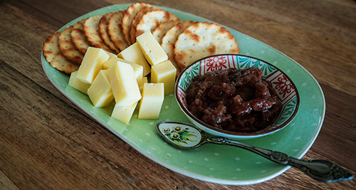 Serving Cheese, Crackers & Rhubarb Chutney